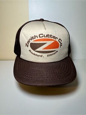 Zenith Cutter Co. Brown and Cream Trucker Hat with Orange Logo